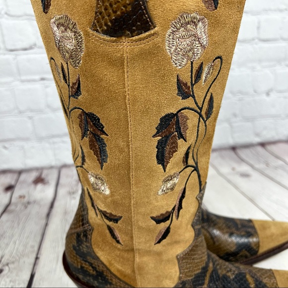 Antonio Melani Brown Suede and Snakeskin Floral Embroidery Heeled Cowboy Boots - Picture 14 of 16